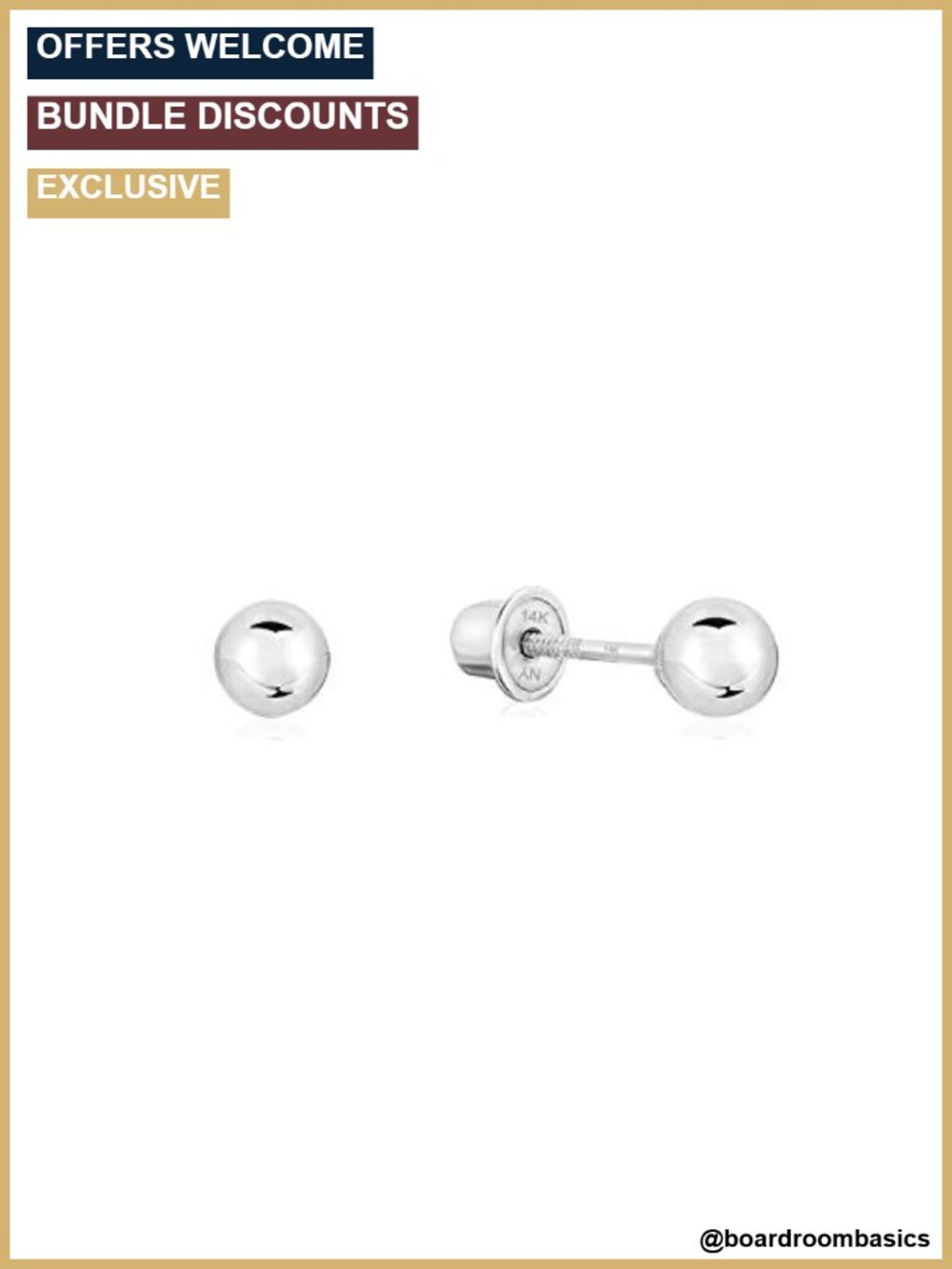 14k White Gold Ball Stud Earrings Screw-back